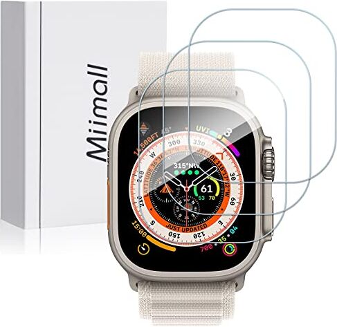 Miimall Pellicola protettiva per display compatibile con Apple Watch Ultra 49 mm, in vetro temperato HD, antigraffio, impermeabile, senza bolle, durezza 9H, per iWatch Ultra 49 mm