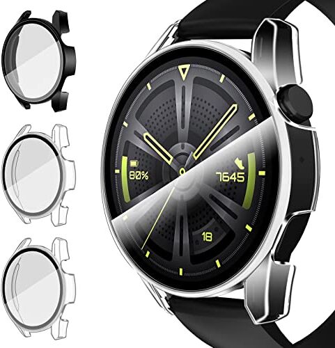 iVoler 3 Pezzi Cover con Vetro Temperato per Huawei Watch GT 3 46mm, Copertura Completa Custodia Rigida PC, HD Clear Pellicola Protettiva Anti-Graffio Case, 2 Trasparente + 1 Nero