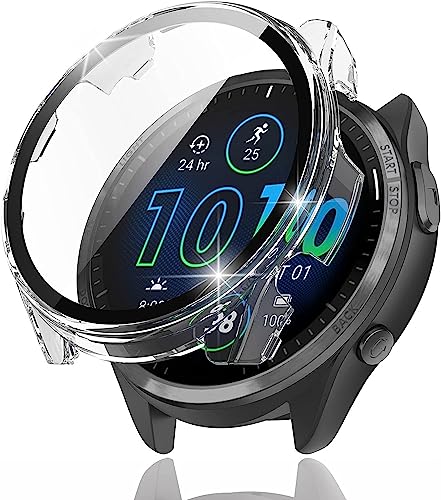 Miimall Compatibile con Garmin Forerunner 965 Custodia con pellicola protettiva in vetro per display in policarbonato rigido, protezione completa ai graffi, per Garmin Forerunner 965, trasparente