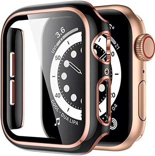 Miimall Compatibile con Apple Watch Series 3/2/1 38 mm custodia con pellicola protettiva in vetro temperato, bordo ultra sottile, protezione completa per display per iWatch da 38 mm – nero e oro rosa