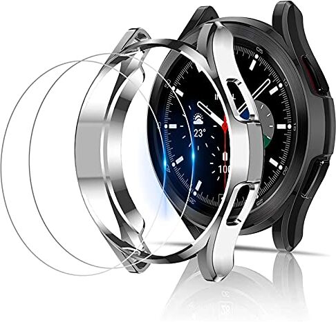 Miimall [2+2 Pack per Samsung Galaxy Watch 4 Classic 42 mm 46 mm Custodia con pellicola protettiva in vetro temperato, cornice protettiva antiurto per Galaxy Watch 4 Classic-Silver