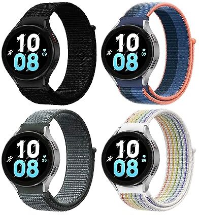 KoGiio 4 Pezzi Nylon Cinturino per Samsung Galaxy Watch 6 Classic 43mm/47mm/Watch 6/5/4 40mm/44mm/Watch 5 Pro 45mm/Watch 4 Classic 42mm 46mm-Nero rossastro & Viola & Verde erba & Rosa