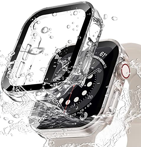 Miimall Custodia per Apple Watch Serie 9/8/7 41mm, PC Case Antiurto, Protettore dello Schermo in Vetro Temperato, Copertura Impermeabile ad Angolo Retto per Apple Watch 41mm Series 9/8/7, Trasparente