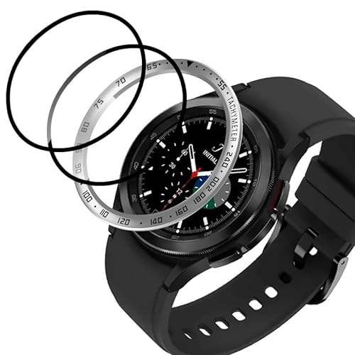 GMUJIAO Anello Castone per Samsung Galaxy Watch 6 Classic 47mm,Metallo con Lunetta per Smartwatch Anello di Protezione,Protezione Custodia Lunetta con 2 Pellicola Protettiva Flessibile-d'Argento