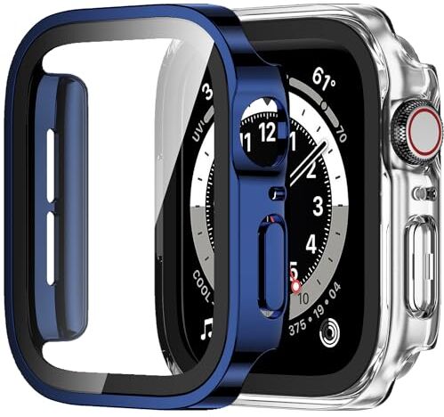 Amizee 2 Pezzi Cover Compatibile con Apple Watch SE Series 6 5 4 44mm con Vetro Temperato, Custodia Sottile Anti-Graffio e HD Clear Pellicola Protettiva per iWatch 44mm (Blu/Trasparente)