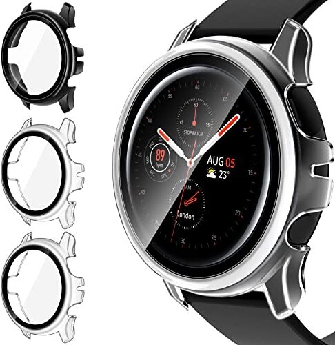 iVoler 3 Pezzi Cover con Vetro Temperato per Samsung Galaxy Watch Active 2 44mm, Copertura Completa Custodia Rigida PC, HD Clear Pellicola Protettiva Anti-Graffio Case, 2 Trasparente + 1 Nero