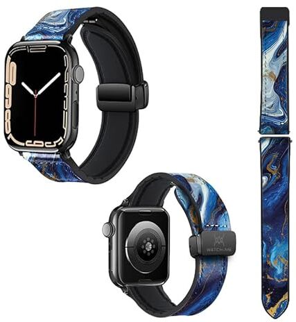 Watch & Me Cinturino per Apple Iwatch 22 mm (38/40/41/42/44/45 mm) in silicone e vera pelle: marmo blu