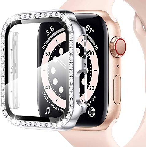 Miimall Custodia protettiva per Apple Watch Series 3/2/1, 38 mm, con pellicola protettiva in vetro temperato, con strass argento