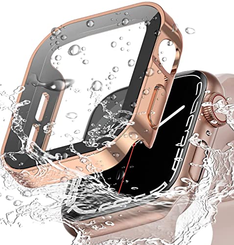 Miimall Custodia per Apple Watch Serie 9/8/7 41mm, PC Case Antiurto, Protettore dello Schermo in Vetro Temperato, Copertura Impermeabile ad Angolo Retto per Apple Watch 41mm Series 9/8/7, Oro Rosa