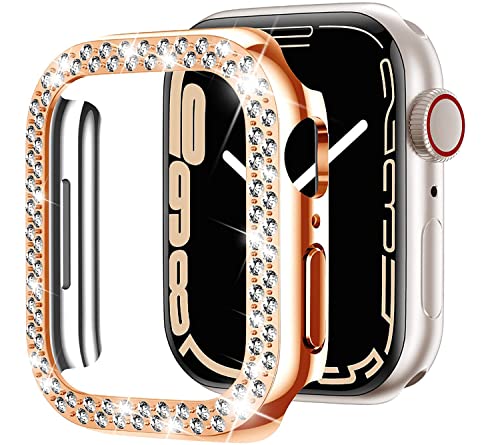 Miimall Custodia protettiva per Apple Watch Series 8/Series 7 da 41 mm con strass di cristallo, paraurti rigido in PC antigraffio, copertura completa per Apple Watch Series 8/Series 7-Rose Gold