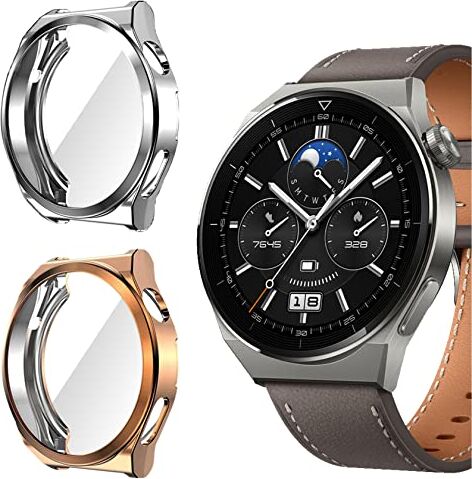 ToVioc Cover Compatibile con Huawei Watch GT 3 Pro 46mm Custodia Full Protezione, [2 Pezzi] [Anti-Graffio] Shell con Pellicola Protettiva per Huawei Watch GT 3 Pro 46mm Oro Rosa & Argento