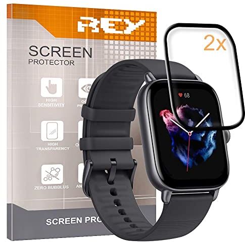 REY Pack 2X Pellicola salvaschermo 3D per AMAZFIT GTS 3 AMAZFIT GTS 4, Nero, Vetro temperato, Copertura Completa, Pellicola Protettiva Protezione Schermo, 3D / 4D / 5D