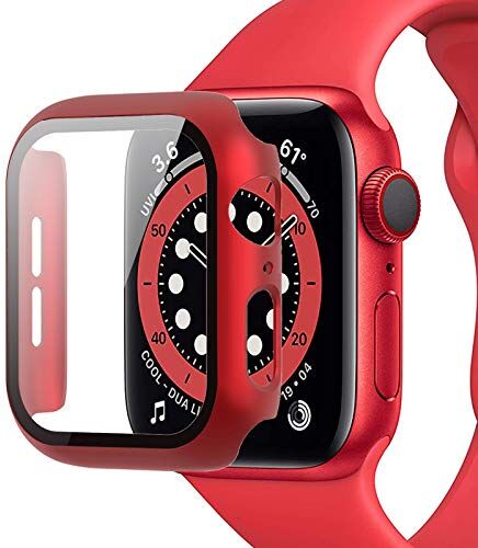 Miimall Custodia Protezione Compatibile Con Apple Watch Series 6/SE/Serie 5/Series 4 44mm [Protezione Totale] Pellicola Protettiva In Vetro Temperato+PC Bumper Per iWatch Series 6/5/4/SE 44mm Rosso