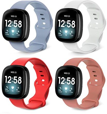 Dilhvy (4 pezzi Cinturino Compatibile per Fitbit Sense/Fitbit Versa 3 Cinturino, Cinturini in Silicone Morbido per Donna Uomo, Cinturino di Ricambio (S, Rosso+Bianca+Rosa+Lilla)