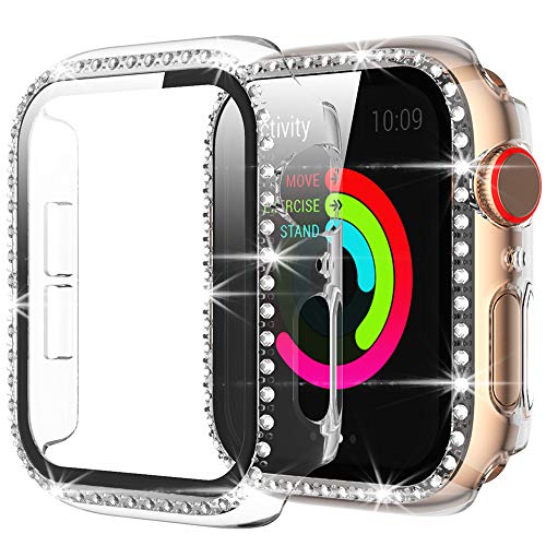 Miimall Compatibile con Apple Watch Series 321 38 mm Custodia con pellicola protettiva in vetro, strass glitterati in policarbonato rigido, antigraffio, pellicola protettiva per iWatch Serie 321,