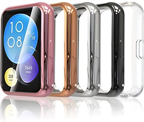 Simpeak 5 Pezzi Cover Compatibile con Huawei Watch Fit 2, Custodia Caso in Gel Silicone Morbida TPU con Pellicola Protettiva Anti-Graffio Full Protezione,Chiaro,Nero,Argento,Oro Rosa,Rosado