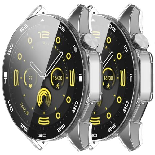 Miimall 2 Pack Custodia per Huawei Watch GT4 46mm, Durevole Cover PC Antiurto, Pellicola Protettiva in Vetro Temperato, Cover Antigraffio per Huawei Watch GT4 46mm, Trasparente e Trasparente