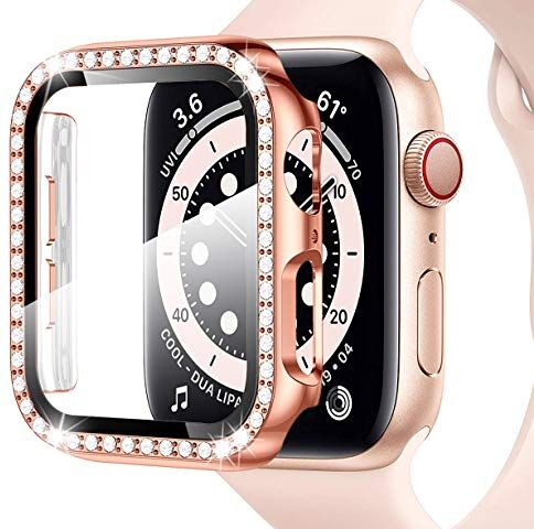 Miimall Custodia protettiva per Apple Watch Series 3/2/1, 42mm, con pellicola protettiva in vetro temperato, con strass rosa oro