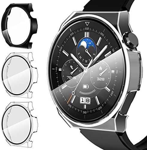 iVoler 3 Pezzi Cover con Vetro Temperato per Huawei Watch GT 3 PRO 46 mm, Copertura Completa Custodia Rigida PC, HD Clear Pellicola Protettiva Anti-Graffio Case, 2 Trasparente + 1 Nero