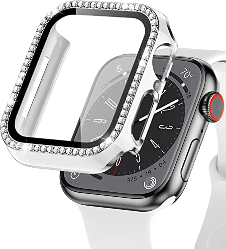 EIHAIHIS Custodia Bling per Cover Apple Watch 40mm, Bumper Protettivo PC Rigido con Pellicola Protettiva per Schermo in Vetro Temperato per iWatch Series 6 5 4 SE, Bianco+Argento
