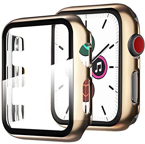 Miimall Custodia Protezione Compatibile con Apple Watch Series 3/Series 2/Series 1 42mm Pellicola Protettiva in Vetro Temperato+Metallo Colore PC Paraurti per iWatch Series 3/2/1 42mm -Nero Oro