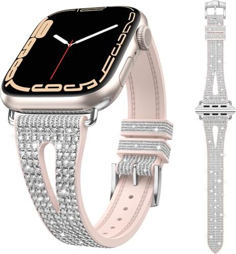 Kamita Bling Cinturino per Apple Watch Banda 38mm 40mm 41mm per Ragazze e Donne, Cinturini Regolabile in Diamante Silicone Watchband Scintillante Ricambio Strap per iWatch 9 8 7 6 5 4 SE 2 (Argento)