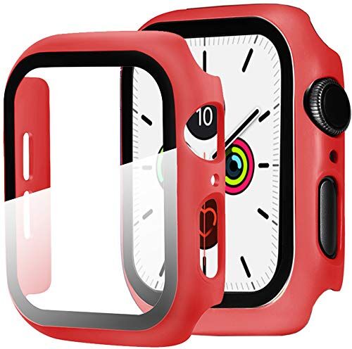 Miimall Custodia Compatibile con Apple Watch Series 6/SE/Series 5/Series 4 44mm [Completa Protezione] Pellicola Protettiva in Vetro Temperato+PC Bumper per iWatch Series 6/5/4/SE 44mm Rosso