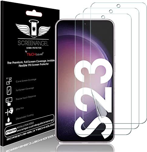 TECHGEAR [3 Pezzi] Pellicola Protettiva per Samsung Galaxy S23 [Screen Angel] Alta Definizione Pellicola [Senza Bolle] [Facile da Applicare] Trasparente TPU Pellicola Copre Schermo Intero