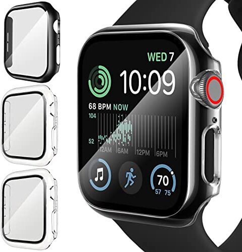 iVoler 3 Pezzi Cover con Vetro Temperato per Apple Watch 40mm SE 2 / SE Series 6 5 4, Copertura Completa Custodia Rigida PC, HD Clear Pellicola Protettiva Anti-Graffio Case, 2 Trasparente + 1 Nero