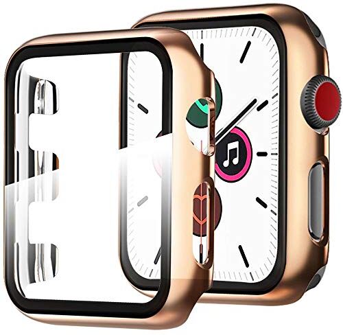 Miimall Custodia Protezione Compatibile con Apple Watch Series 3/Series 2/Series 1 42mm Pellicola Protettiva in Vetro Temperato+Metallo Colore PC Paraurti per iWatch Series 3/2/1 42mm -Rosa Oro