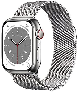 Apple Watch Series 8 (GPS + Cellular, 41mm) Smartwatch con cassa in acciaio inossidabile color argento con Loop in maglia milanese color argento. Fitness tracker, app Livelli O₂, resistente all’acqua