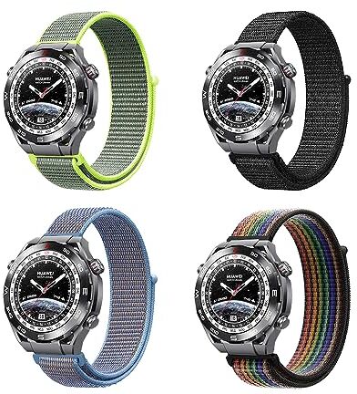 KoGiio 4 Pezzi 22mm Nylon Ricambio Cinturino per Huawei Watch 4/4 Pro/3 Pro/Ultimate/Buds/Garmin Venu 2/Garmin Forerunner 265/255/255 Music-Nero & Giallo brillante & Blu & Arcobaleno