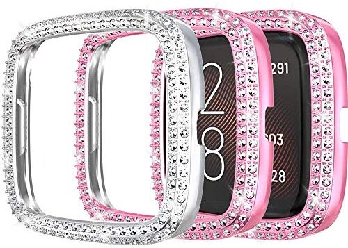 Miimall [2 Pezzi Compatibile con Fitbit Versa 2 Custodia, Strass Glitter Cover Cover Cover Protettiva Argento + Rosa