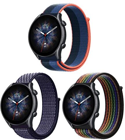 ZoRoll 3 Pezzi 22mm Cinturino per Amazfit Cheetah Pro/Cheetah/Bip 5/GTR 3 Pro/GTR 3/GTR 2e/GTR 2, Nylon Ricambio Bracciale per Amazfit GTR 47mm/Huawei Watch GT 3 Pro 46mm Nero&Arcobaleno+Blu+Viola