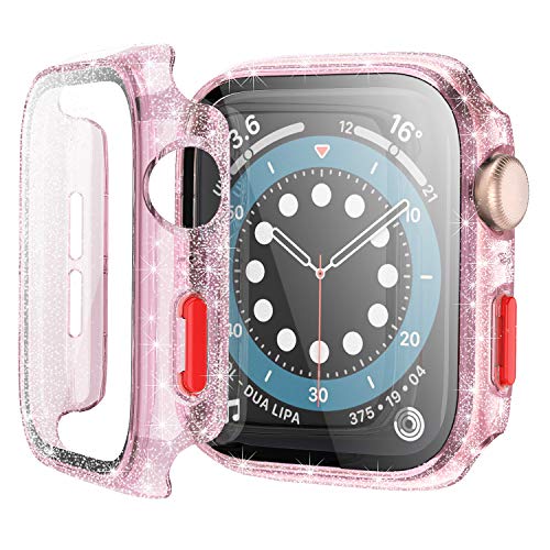 Bescove Brillantini Cover per Apple Watch Series 3 2 42mm,Custodia iWatch con Protezione Schermo in Pellicola Vetro Temperato Protettiva,Rosa Chiaro Case Proteggi Ultra Sottile con Pulsante