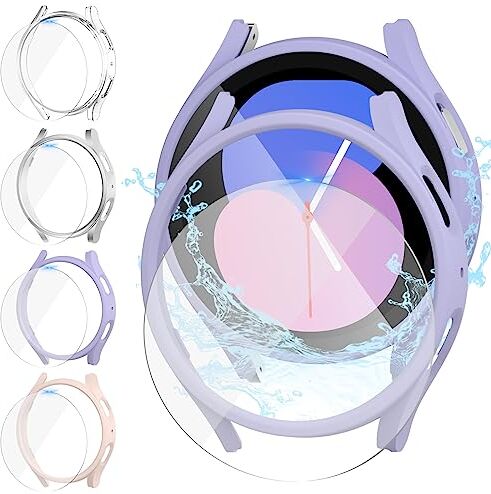 Jvchengxi [4+4Pezzi] Cover Opaco 44mm per Samsung Galaxy Watch 5 & Galaxy Watch 4, Custodia Sottile Rigida PC AntiGraffio + 9H Pellicola Protettiva Vetro Temperato (Viola+RosaSabbia+Argento+Chiaro)