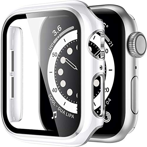 Miimall Compatibile con Apple Watch Series 3/2/1 42 mm custodia con pellicola protettiva in vetro temperato, bordo argentato, protezione completa per display per iWatch 42 mm, colore: bianco e argento