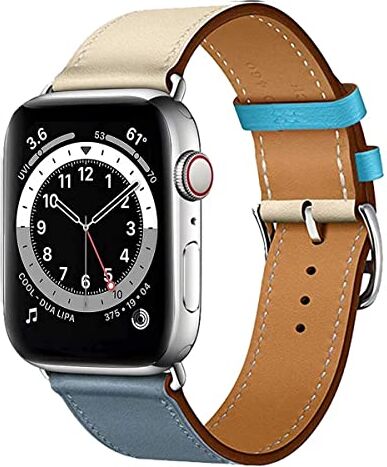 MroTech Cinturino Compatibile per iWatch Ultra 49 mm 45 mm 44 mm 42 mm Cinturini Pelle Cuoio 42mm 44mm 45mm 49mm Watch Band Serie 1 2 3 4 5 6 7 8 9 Bracciale Ricambio Loop Blu/Beige Fibbia Argento