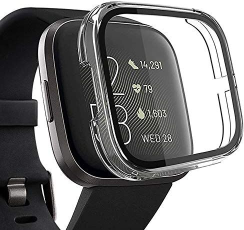 Miimall Compatibile con Fitbit Versa 2 Custodia con pellicola protettiva in vetro, molto forte in policarbonato + pellicola protettiva completa ultra sottile per Fitbit Versa 2 – trasparente