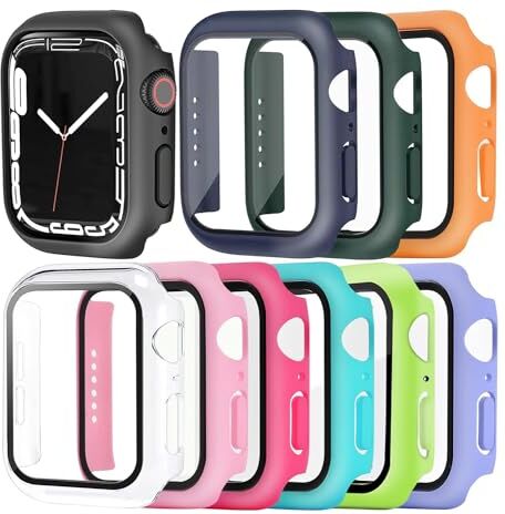 Pocoukate [12 Pezzi] Cover con Pellicola Protettiva per Apple Watch Series 9 8 7 45 mm, Custodia Protettiva Complessiva, Pellicola Integrata in Vetro Temperato ad Alta Sensibilità per iWatch 45mm