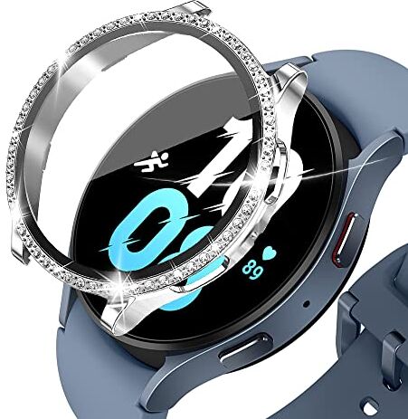 KeeFos Cover Compatibile con Samsung Galaxy Watch 5 44mm, Custodia Vetro Temperato, Bling Case, PC Schermo, HD Clear, Anti-Graffio, Custodia Pellicola Protettiva per Galaxy Watch 5 44mm (D'argento)