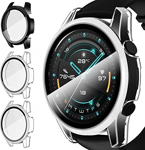 iVoler 3 Pezzi Cover con Vetro Temperato per Huawei Watch GT 2 46mm, Copertura Completa Custodia Rigida PC, HD Clear Pellicola Protettiva Anti-Graffio Case, 2 Trasparente + 1 Nero