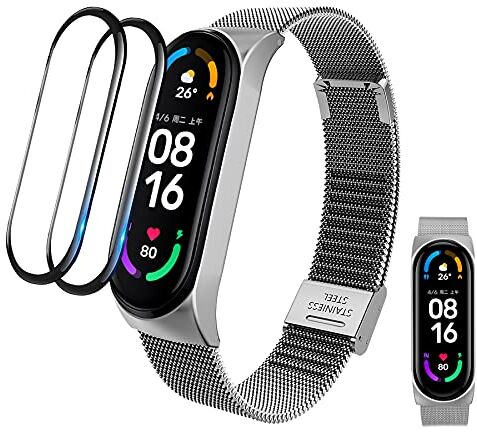 BDIG Cinturino Compatibile per Xiaomi Mi Band 5 Braccialetto Mi Band 6 Cinturino in Acciaio Inossidabile Braccialetto di Ricambio + 2 Pezzi TPU Pellicola Protettiva per MiBand 5 Braccialetto Miband 6