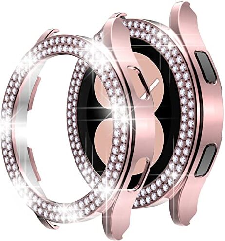 Miimall Custodia compatibile con Samsung Galaxy Watch Active 4 40 mm/44 mm, doppia fila di cristallo Bling strass telaio rigido PC antiurto custodia protettiva per Galaxy Watch Active 4-rosa