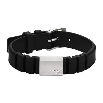Emporio Armani Bracciale con piastrina da uomo in acciaio e silicone nero, Emporio Armani Bracciale con piastrina da uomo in acciaio e silicone nero,