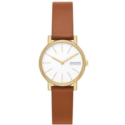 Skagen Signatur Lille Orologio da donna, Movimento al quarzo a due lancette in tonalità oro con cinturino in acciaio inossidabile o in pelle, 30 mm, Marrone e bianco Skagen Signatur Lille Orologio da donna, Movimento al quarzo a due lancette in tonalità oro con cinturino in acciaio inossidabile o in pelle, 30 mm, Marrone e bianco