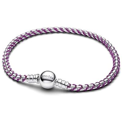 PANDORA Braided sterling silver box chain bracelet with purple textile cord PANDORA Braided sterling silver box chain bracelet with purple textile cord