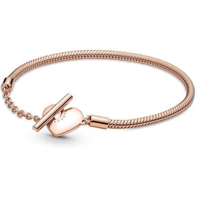 PANDORA Bracciale Moments in maglia snake placcato in oro rosa 14 carati con barra a T, 21 PANDORA Bracciale Moments in maglia snake placcato in oro rosa 14 carati con barra a T, 21