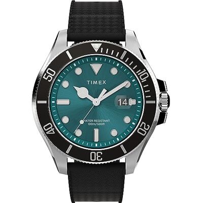 Timex Orologio da uomo Trend 43 mm, in gomma sintetica nera, cinturino a sgancio rapido in due pezzi, quadrante verde, cassa argentata TW2V91700 Timex Orologio da uomo Trend 43 mm, in gomma sintetica nera, cinturino a sgancio rapido in due pezzi, quadrante verde, cassa argentata TW2V91700