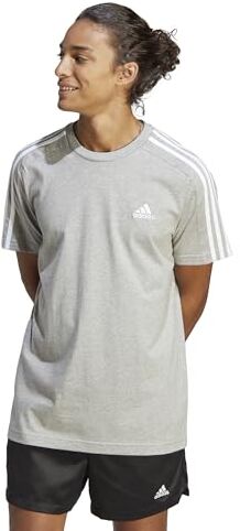 Adidas Essentials Single Jersey 3-Stripes T-Shirt, Maglietta a Maniche Corte Uomo, Medium Grey Heather/White, XS